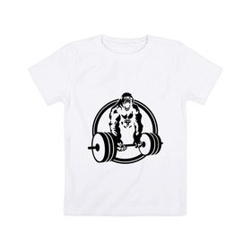 Детская футболка хлопок с принтом Горилла со штангой в Петрозаводске, 100% хлопок | круглый вырез горловины, полуприлегающий силуэт, длина до линии бедер | Тематика изображения на принте: горилла | кач | спорт | штанга