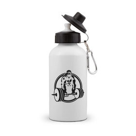 Бутылка спортивная с принтом Горилла со штангой в Петрозаводске, металл | емкость — 500 мл, в комплекте две пластиковые крышки и карабин для крепления | Тематика изображения на принте: горилла | кач | спорт | штанга