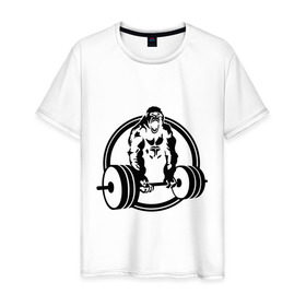 Мужская футболка хлопок с принтом Горилла со штангой в Петрозаводске, 100% хлопок | прямой крой, круглый вырез горловины, длина до линии бедер, слегка спущенное плечо. | горилла | кач | спорт | штанга