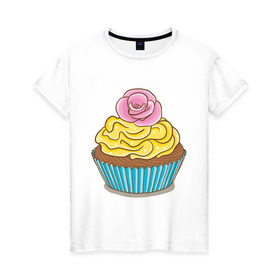Женская футболка хлопок с принтом Кекс с розочкой в Петрозаводске, 100% хлопок | прямой крой, круглый вырез горловины, длина до линии бедер, слегка спущенное плечо | выпечка | для девушек | еда | кекс | кексик | маффин | рисунок