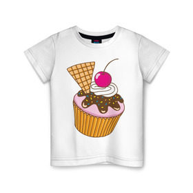 Детская футболка хлопок с принтом Кекс с вишней в Петрозаводске, 100% хлопок | круглый вырез горловины, полуприлегающий силуэт, длина до линии бедер | вафля | вишенка | выпечка | для девшек | еда | кекс | кексик | маффин | рисунок