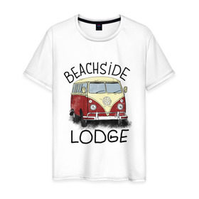 Мужская футболка хлопок с принтом Beachside lodge в Петрозаводске, 100% хлопок | прямой крой, круглый вырез горловины, длина до линии бедер, слегка спущенное плечо. | beachside lodge | автобус | автомобиль | лето | машина | пляж