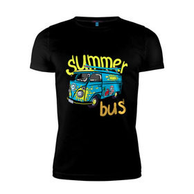 Мужская футболка премиум с принтом Summer bus в Петрозаводске, 92% хлопок, 8% лайкра | приталенный силуэт, круглый вырез ворота, длина до линии бедра, короткий рукав | summer bus | автобус | автомобиль | доска | лето | машина | серфинг