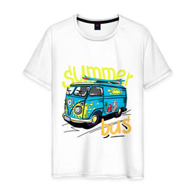 Мужская футболка хлопок с принтом Summer bus в Петрозаводске, 100% хлопок | прямой крой, круглый вырез горловины, длина до линии бедер, слегка спущенное плечо. | Тематика изображения на принте: summer bus | автобус | автомобиль | доска | лето | машина | серфинг