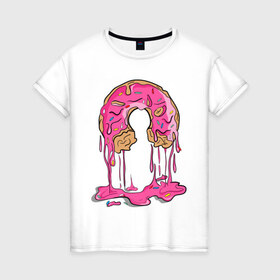 Женская футболка хлопок с принтом Пончик в Петрозаводске, 100% хлопок | прямой крой, круглый вырез горловины, длина до линии бедер, слегка спущенное плечо | булочка | еда | крем | пончик