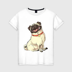 Женская футболка хлопок с принтом Радостный мопс в Петрозаводске, 100% хлопок | прямой крой, круглый вырез горловины, длина до линии бедер, слегка спущенное плечо | милый | мопс | пес | радостная | собака