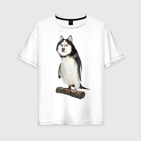 Женская футболка хлопок Oversize с принтом Хаскогвин в Петрозаводске, 100% хлопок | свободный крой, круглый ворот, спущенный рукав, длина до линии бедер
 | пингвин