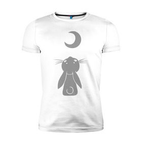 Мужская футболка премиум с принтом Зайчик смотрит на луну в Петрозаводске, 92% хлопок, 8% лайкра | приталенный силуэт, круглый вырез ворота, длина до линии бедра, короткий рукав | зайчик | заяц | кролик | луна | месяц | полумесяц
