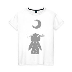 Женская футболка хлопок с принтом Зайчик смотрит на луну в Петрозаводске, 100% хлопок | прямой крой, круглый вырез горловины, длина до линии бедер, слегка спущенное плечо | зайчик | заяц | кролик | луна | месяц | полумесяц