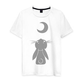 Мужская футболка хлопок с принтом Зайчик смотрит на луну в Петрозаводске, 100% хлопок | прямой крой, круглый вырез горловины, длина до линии бедер, слегка спущенное плечо. | зайчик | заяц | кролик | луна | месяц | полумесяц