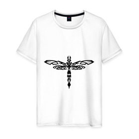 Мужская футболка хлопок с принтом Стрекоза в Петрозаводске, 100% хлопок | прямой крой, круглый вырез горловины, длина до линии бедер, слегка спущенное плечо. | насекомое | стрекоза | тату | трайбл | узор