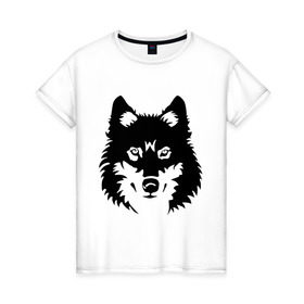 Женская футболка хлопок с принтом Северный волк в Петрозаводске, 100% хлопок | прямой крой, круглый вырез горловины, длина до линии бедер, слегка спущенное плечо | волк | голова | север