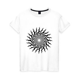 Женская футболка хлопок с принтом Психоделическое солнце в Петрозаводске, 100% хлопок | прямой крой, круглый вырез горловины, длина до линии бедер, слегка спущенное плечо | извиваться | изогнутое | кривое | лучи | психодел | солнце