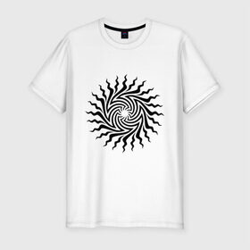 Мужская футболка премиум с принтом Психоделическое солнце в Петрозаводске, 92% хлопок, 8% лайкра | приталенный силуэт, круглый вырез ворота, длина до линии бедра, короткий рукав | извиваться | изогнутое | кривое | лучи | психодел | солнце
