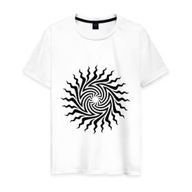 Мужская футболка хлопок с принтом Психоделическое солнце в Петрозаводске, 100% хлопок | прямой крой, круглый вырез горловины, длина до линии бедер, слегка спущенное плечо. | извиваться | изогнутое | кривое | лучи | психодел | солнце