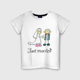 Детская футболка хлопок с принтом Just married в Петрозаводске, 100% хлопок | круглый вырез горловины, полуприлегающий силуэт, длина до линии бедер | just | married | жених | молодожены | невеста | свадьба