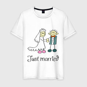 Мужская футболка хлопок с принтом Just married в Петрозаводске, 100% хлопок | прямой крой, круглый вырез горловины, длина до линии бедер, слегка спущенное плечо. | Тематика изображения на принте: just | married | жених | молодожены | невеста | свадьба