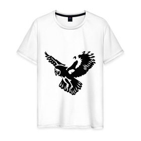 Мужская футболка хлопок с принтом Полет совы в Петрозаводске, 100% хлопок | прямой крой, круглый вырез горловины, длина до линии бедер, слегка спущенное плечо. | сова
