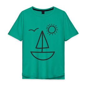 Мужская футболка хлопок Oversize с принтом Настроение - море в Петрозаводске, 100% хлопок | свободный крой, круглый ворот, “спинка” длиннее передней части | корабль | лицо | лодка | море | настроение | парус | птица | рожица | солнце | улыбка | чайка | яхта