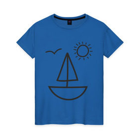 Женская футболка хлопок с принтом Настроение - море в Петрозаводске, 100% хлопок | прямой крой, круглый вырез горловины, длина до линии бедер, слегка спущенное плечо | корабль | лицо | лодка | море | настроение | парус | птица | рожица | солнце | улыбка | чайка | яхта