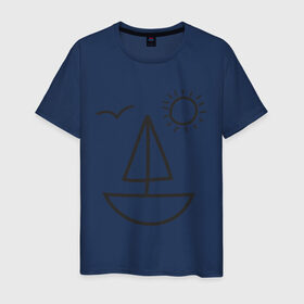 Мужская футболка хлопок с принтом Настроение - море в Петрозаводске, 100% хлопок | прямой крой, круглый вырез горловины, длина до линии бедер, слегка спущенное плечо. | корабль | лицо | лодка | море | настроение | парус | птица | рожица | солнце | улыбка | чайка | яхта