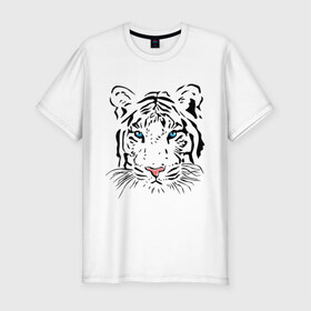 Мужская футболка премиум с принтом Белый тигр в Петрозаводске, 92% хлопок, 8% лайкра | приталенный силуэт, круглый вырез ворота, длина до линии бедра, короткий рукав | белый | голова | красивый | редкий | тигр