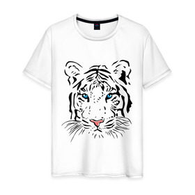 Мужская футболка хлопок с принтом Белый тигр в Петрозаводске, 100% хлопок | прямой крой, круглый вырез горловины, длина до линии бедер, слегка спущенное плечо. | белый | голова | красивый | редкий | тигр