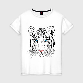 Женская футболка хлопок с принтом Белый тигр в Петрозаводске, 100% хлопок | прямой крой, круглый вырез горловины, длина до линии бедер, слегка спущенное плечо | белый | голова | красивый | редкий | тигр