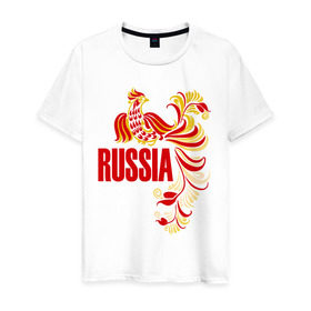 Мужская футболка хлопок с принтом Россия в Петрозаводске, 100% хлопок | прямой крой, круглый вырез горловины, длина до линии бедер, слегка спущенное плечо. | жар | золотая | металл | патриот | птица | россия | русский
