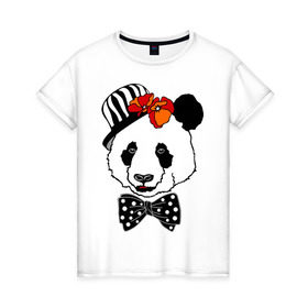 Женская футболка хлопок с принтом Панда с маками в Петрозаводске, 100% хлопок | прямой крой, круглый вырез горловины, длина до линии бедер, слегка спущенное плечо | бабочка | галстук | мак | медведь | панда | цветы | шляпа