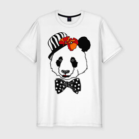Мужская футболка премиум с принтом Панда с маками в Петрозаводске, 92% хлопок, 8% лайкра | приталенный силуэт, круглый вырез ворота, длина до линии бедра, короткий рукав | Тематика изображения на принте: бабочка | галстук | мак | медведь | панда | цветы | шляпа