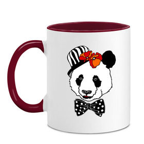 Кружка двухцветная с принтом Панда с маками в Петрозаводске, керамика | объем — 330 мл, диаметр — 80 мм. Цветная ручка и кайма сверху, в некоторых цветах — вся внутренняя часть | бабочка | галстук | мак | медведь | панда | цветы | шляпа