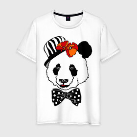 Мужская футболка хлопок с принтом Панда с маками в Петрозаводске, 100% хлопок | прямой крой, круглый вырез горловины, длина до линии бедер, слегка спущенное плечо. | бабочка | галстук | мак | медведь | панда | цветы | шляпа