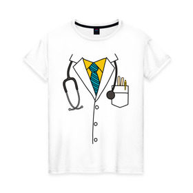 Женская футболка хлопок с принтом Халат врача в Петрозаводске, 100% хлопок | прямой крой, круглый вырез горловины, длина до линии бедер, слегка спущенное плечо | врач | врачам | доктор | докторам | костюм врача | медик | медикам | стетоскоп | халат врача
