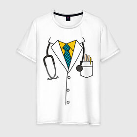 Мужская футболка хлопок с принтом Халат врача в Петрозаводске, 100% хлопок | прямой крой, круглый вырез горловины, длина до линии бедер, слегка спущенное плечо. | врач | врачам | доктор | докторам | костюм врача | медик | медикам | стетоскоп | халат врача