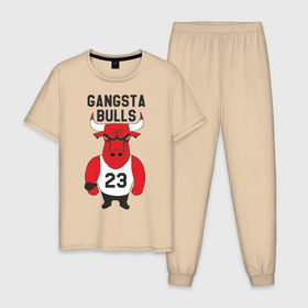 Мужская пижама хлопок с принтом Gangsta Bulls в Петрозаводске, 100% хлопок | брюки и футболка прямого кроя, без карманов, на брюках мягкая резинка на поясе и по низу штанин
 | bulls | chicago | gangsta | бык | гангстер | чикаго
