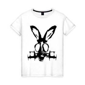 Женская футболка хлопок с принтом Заяц в противогазе в Петрозаводске, 100% хлопок | прямой крой, круглый вырез горловины, длина до линии бедер, слегка спущенное плечо | заяц | кролик | осел | противогаз | респиратор | уши