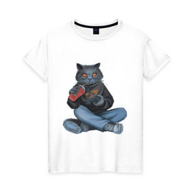 Женская футболка хлопок с принтом Кот геймер в Петрозаводске, 100% хлопок | прямой крой, круглый вырез горловины, длина до линии бедер, слегка спущенное плечо | джойстик | игрок | кола | контроллер | кот