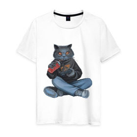 Мужская футболка хлопок с принтом Кот геймер в Петрозаводске, 100% хлопок | прямой крой, круглый вырез горловины, длина до линии бедер, слегка спущенное плечо. | джойстик | игрок | кола | контроллер | кот