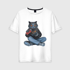 Женская футболка хлопок Oversize с принтом Кот геймер в Петрозаводске, 100% хлопок | свободный крой, круглый ворот, спущенный рукав, длина до линии бедер
 | джойстик | игрок | кола | контроллер | кот