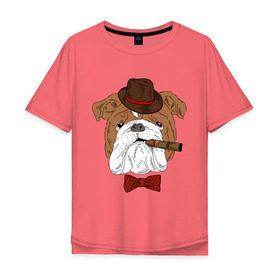 Мужская футболка хлопок Oversize с принтом Английский бульдог с сигарой в Петрозаводске, 100% хлопок | свободный крой, круглый ворот, “спинка” длиннее передней части | Тематика изображения на принте: английский | бабочка | бульдог | галстук | пес | псина | собака | шляпа