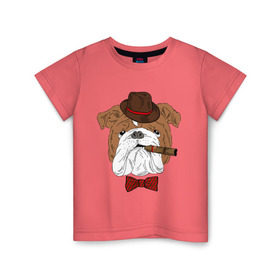 Детская футболка хлопок с принтом Английский бульдог с сигарой в Петрозаводске, 100% хлопок | круглый вырез горловины, полуприлегающий силуэт, длина до линии бедер | английский | бабочка | бульдог | галстук | пес | псина | собака | шляпа