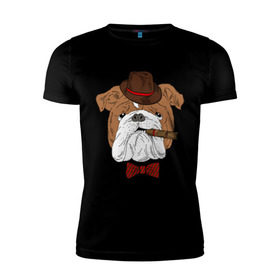 Мужская футболка премиум с принтом Английский бульдог с сигарой в Петрозаводске, 92% хлопок, 8% лайкра | приталенный силуэт, круглый вырез ворота, длина до линии бедра, короткий рукав | английский | бабочка | бульдог | галстук | пес | псина | собака | шляпа