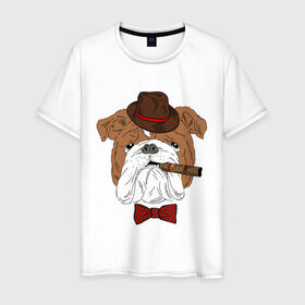 Мужская футболка хлопок с принтом Английский бульдог с сигарой в Петрозаводске, 100% хлопок | прямой крой, круглый вырез горловины, длина до линии бедер, слегка спущенное плечо. | английский | бабочка | бульдог | галстук | пес | псина | собака | шляпа