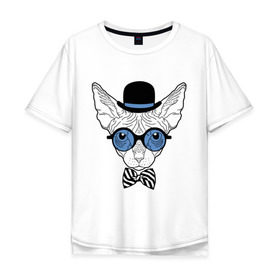 Мужская футболка хлопок Oversize с принтом Сфинкс в цилиндре в Петрозаводске, 100% хлопок | свободный крой, круглый ворот, “спинка” длиннее передней части | бабочка | галстук | кот | котелок | кошка. киса | очки | сфинкс | цилиндр | шляпа