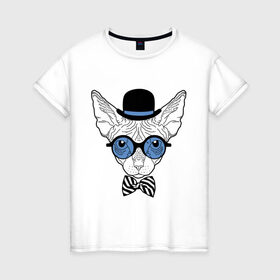 Женская футболка хлопок с принтом Сфинкс в цилиндре в Петрозаводске, 100% хлопок | прямой крой, круглый вырез горловины, длина до линии бедер, слегка спущенное плечо | бабочка | галстук | кот | котелок | кошка. киса | очки | сфинкс | цилиндр | шляпа