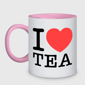 Кружка двухцветная с принтом I love tea в Петрозаводске, керамика | объем — 330 мл, диаметр — 80 мм. Цветная ручка и кайма сверху, в некоторых цветах — вся внутренняя часть | heart | love | tea | люблю | сердце | чай