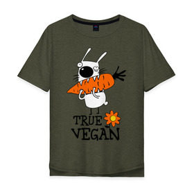 Мужская футболка хлопок Oversize с принтом True vegan (истинный веган) в Петрозаводске, 100% хлопок | свободный крой, круглый ворот, “спинка” длиннее передней части | carrot | flower | rabbit | true | vegan | веган | заяц | истинный | морковка | ролик | цветок | экология