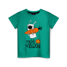 Детская футболка хлопок с принтом True vegan (истинный веган) в Петрозаводске, 100% хлопок | круглый вырез горловины, полуприлегающий силуэт, длина до линии бедер | carrot | flower | rabbit | true | vegan | веган | заяц | истинный | морковка | ролик | цветок | экология