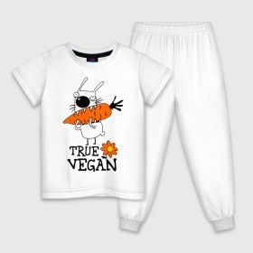 Детская пижама хлопок с принтом True vegan (истинный веган) в Петрозаводске, 100% хлопок |  брюки и футболка прямого кроя, без карманов, на брюках мягкая резинка на поясе и по низу штанин
 | Тематика изображения на принте: carrot | flower | rabbit | true | vegan | веган | заяц | истинный | морковка | ролик | цветок | экология